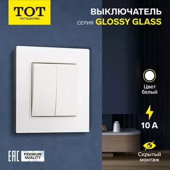 Выключатель проходной TOT Glossy Glass, 10 А, 2 клавиши, скрытый монтаж, стеклянная рамка, белый