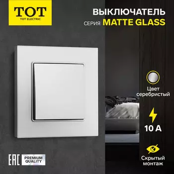 Выключатель проходной TOT Matte Glass, 10 А, 1 клавиша, скрытый монтаж, стеклянная рамка, серебристый