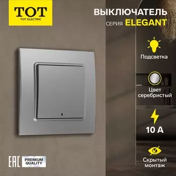 Выключатель TOT Elegant, 10 А, 1 клавиша, с подсветкой, скрытый монтаж, серебристый