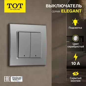Выключатель TOT Elegant, 10 А, 2 клавиши, с подсветкой, скрытый монтаж, серебристый