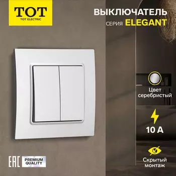 Выключатель TOT Elegant, 10 А, 2 клавиши, скрытый монтаж, серебристый