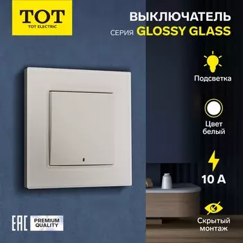 Выключатель TOT Glossy Glass, 10 А, 1 клавиша, с подсветкой, скрытый монтаж, стеклянная рамка, белый