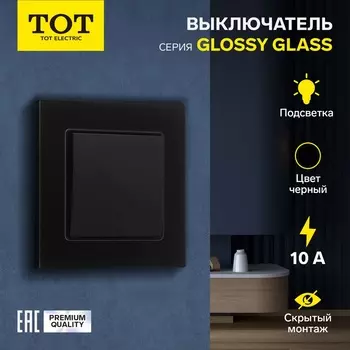 Выключатель TOT Glossy Glass, 10 А, 1 клавиша, с подсветкой, скрытый монтаж, стеклянная рамка, чёрный
