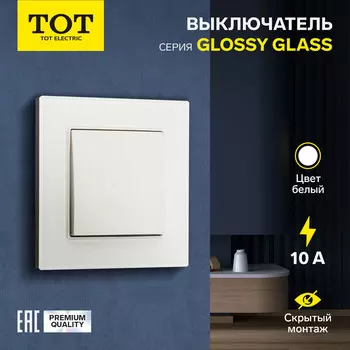 Выключатель TOT Glossy Glass, 10 А, 1 клавиша, скрытый монтаж, стеклянная рамка, белый