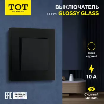 Выключатель TOT Glossy Glass, 10 А, 1 клавиша, скрытый монтаж, стеклянная рамка, чёрный