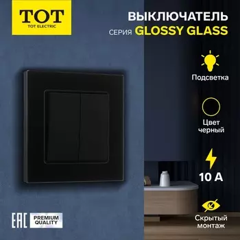 Выключатель TOT Glossy Glass, 10 А, 2 клавиши, с подсветкой, скрытый монтаж, стеклянная рамка, чёрный