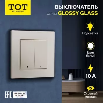 Выключатель TOT Glossy Glass, 10 А, 2 клавиши, с подсветкой, скрытый монтаж, стеклянная рамка, белый