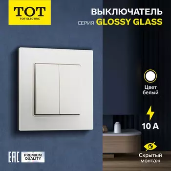 Выключатель TOT Glossy Glass, 10 А, 2 клавиши, скрытый монтаж, стеклянная рамка, белый