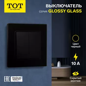 Выключатель TOT Glossy Glass, 10 А, 2 клавиши, скрытый монтаж, стеклянная рамка, чёрный