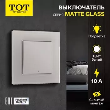 Выключатель TOT Matte Glass, 10 А, 1 клавиша, с подсветкой, скрытый монтаж, стеклянная рамка, белый