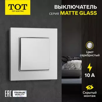 Выключатель TOT Matte Glass, 10 А, 1 клавиша, скрытый монтаж, стеклянная рамка, серебристый
