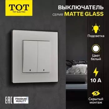 Выключатель TOT Matte Glass, 10 А, 2 клавиши, с подсветкой, скрытый монтаж, стеклянная рамка, белый