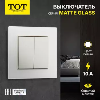 Выключатель TOT Matte Glass, 10 А, 2 клавиши, скрытый монтаж, стеклянная рамка, белый