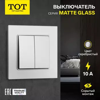 Выключатель TOT Matte Glass, 10 А, 2 клавиши, скрытый монтаж, стеклянная рамка, серебристый