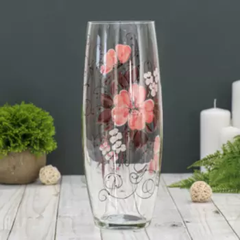 ваза "Бочка" h 260 мм. из прозрачного стекла (ручная роспись) рис. Гибискус (Р.Ч.)