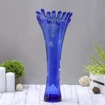 ваза "Коралл" h 380 мм. из синего стекла (ручная роспись) рис. № 3 (Бел.)