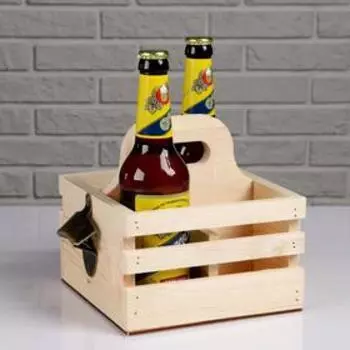 Ящик для пива 19×18×18.5 см с открывашкой, под 4 бутылки, деревянный
