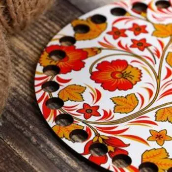 Заготовка для вязания "Круг Хохлома белая", донышко ДВП, размер 15 см