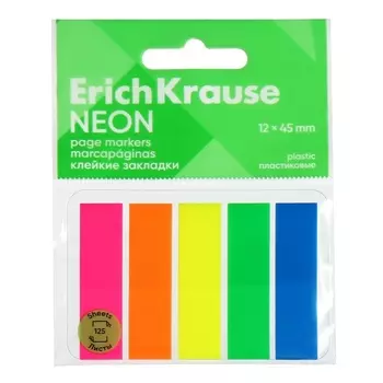 Закладки с клеевым краем пластиковые 12х45 мм, ErichKrause "Neon", 125 листов 5 цветов