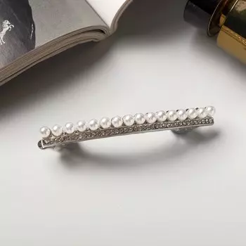 Заколка-автомат для волос "Луиза" жемчуг и стразы, 6,5 см, серебро