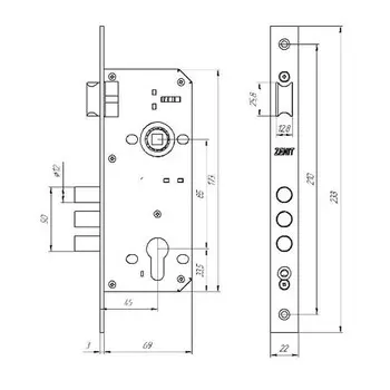 Замок врезной Д-град Зенит ЗВ4-85.3-02, с ручками, цвет бронза