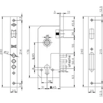 Замок врезной KALE 152/3MR w/b, под ц/м, 45 мм, цвет никель