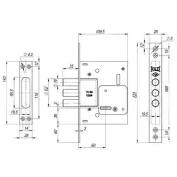 Замок врезной сувальдный KALE 257/L, 4 ключа, цвет хром