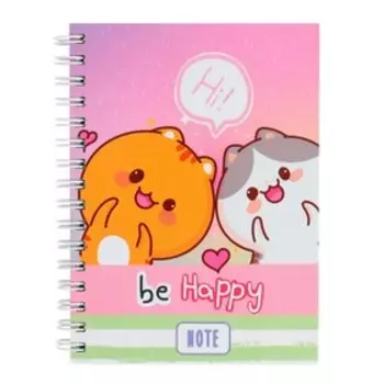 Записная книжка А6, 80 листов в клетку на гребне Be happy, твёрдый картон, глянцевая ламинация, блок офсет, МИКС