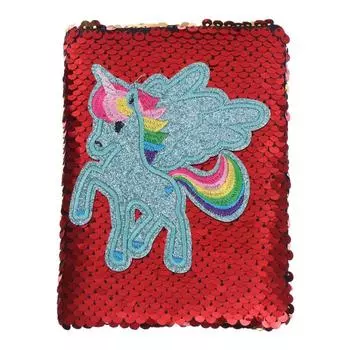 Записная книжка подарочная "Единорог" А6, 80 листов в линейку, пайетки, красная/золотистая