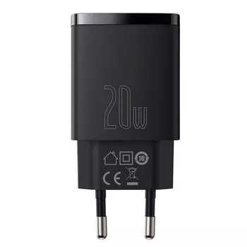 Зарядное устройство Baseus Compact Quick Charger USB+Type-C, 3A, 20W, чёрное