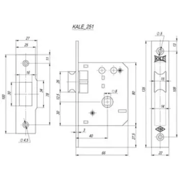 Защелка врезная KALE 251/R, 40 мм, цвет латунь