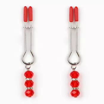 Зажимы для сосков, БДСМ аксессуар, с бусинами, металл, пластик, красный