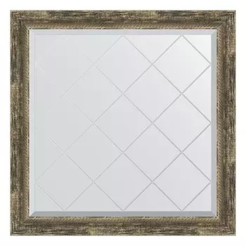 Зеркало с гравировкой в багетной раме, старое дерево с плетением 70 мм, 83x83 см