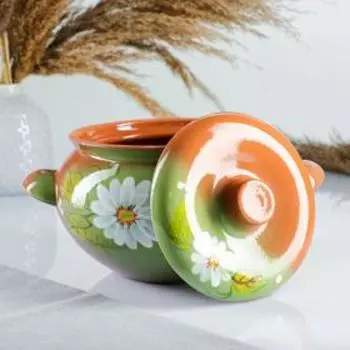 Жаровня Кунгурская керамика, 2 л, с ручками, керамика, зелёная