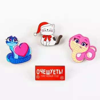 Значок новогодний из дерева «Новый год: очешуеть», МИКС 4 шт.