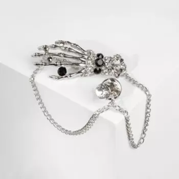 Брошь «Скелет» с цепочкой, чёрно-белая в серебре