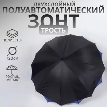 Зонт - трость полуавтоматический «Однотонный», двухслойный, 16 спиц, R=52/60 см, d=104 см, чёрный, синий