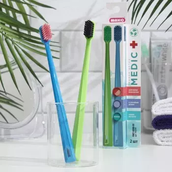 Зубная щетка «Медик» средней жесткости, биоразлагаемая, голубой + зеленый, 2 шт.