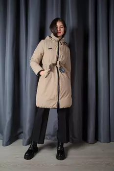 Пуховик женский Grace 036 + пояс (M, Бежевый/Черный)