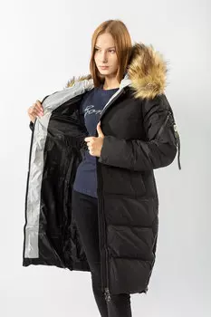 Пуховик женский Grace 128 + иск мех (S, Черный)