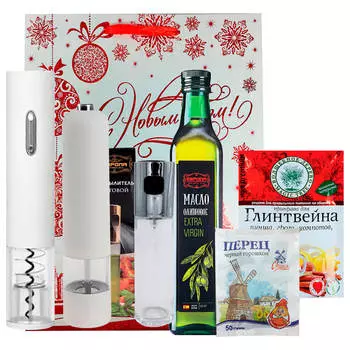 Подарочный новогодний набор 6пр электроштопор Qwerty белый+мельница д/специй Европа+распылитель Евро