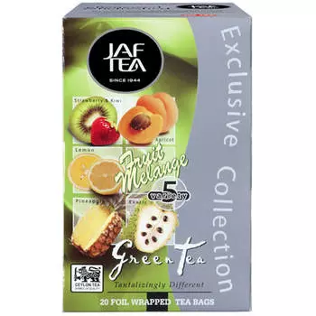 Чай зеленый Jaf Tea ассорти клубника, киви, лимон, ананас, абрикос, соусап 20 пакетиков по 2г