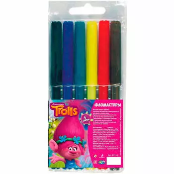 Фломастеры 6цв тролли на водной основе с вентилируемым колпачком европодвес