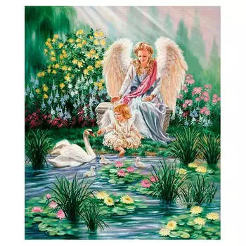 Холст с красками по номерам Рыжий кот 40х50см ангелы у пруда с лебедем х-8277