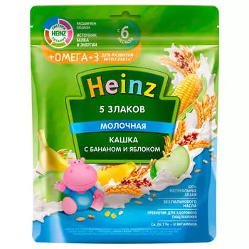 Каша Heinz 200г молочная 5 злаков с бананом и яблоком с омега 3 с 6 месяцев
