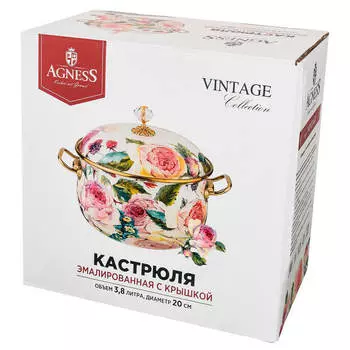 Кастрюля 3,8л Agness пионы эмалированная с крышкой 950-023