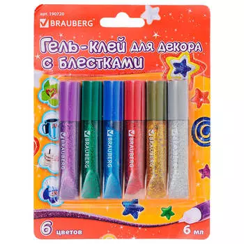 Клей-гель Brauberg 6цвс блестками в ассортименте 190720