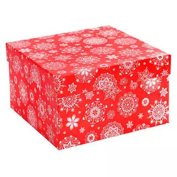 Коробка квадрат миленд снежинки на красном 19, 5*19, 5*11 см кор-2074