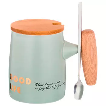 Кружка 390мл Lefard брэк тайм зеленая деревянная крышка ложка 901044