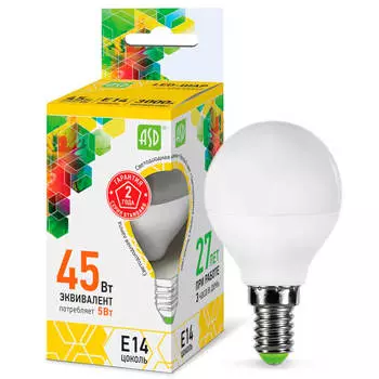 Лампа светодиодная асд 5 вт е14 шар теплый свет